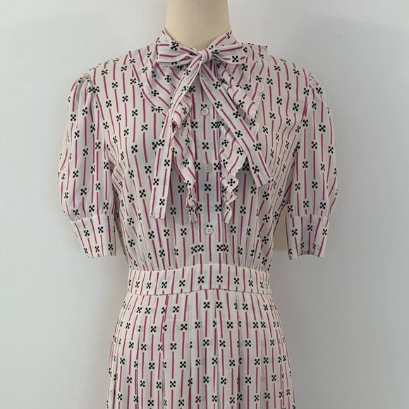 Prada Short-Sleeve Pleated Dress Knee-Length White Pink Striped Print 40 (US 4) - Picture 2 of 16